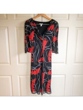 Citrine Dress Black Red Floral Print Midi Long Sheer Ruffle Hem Womens Size 12